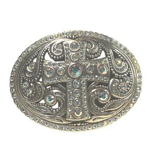 NWT Vintage Cross Crystal Belt Buckle - Western Rhinestone Silver Tone
